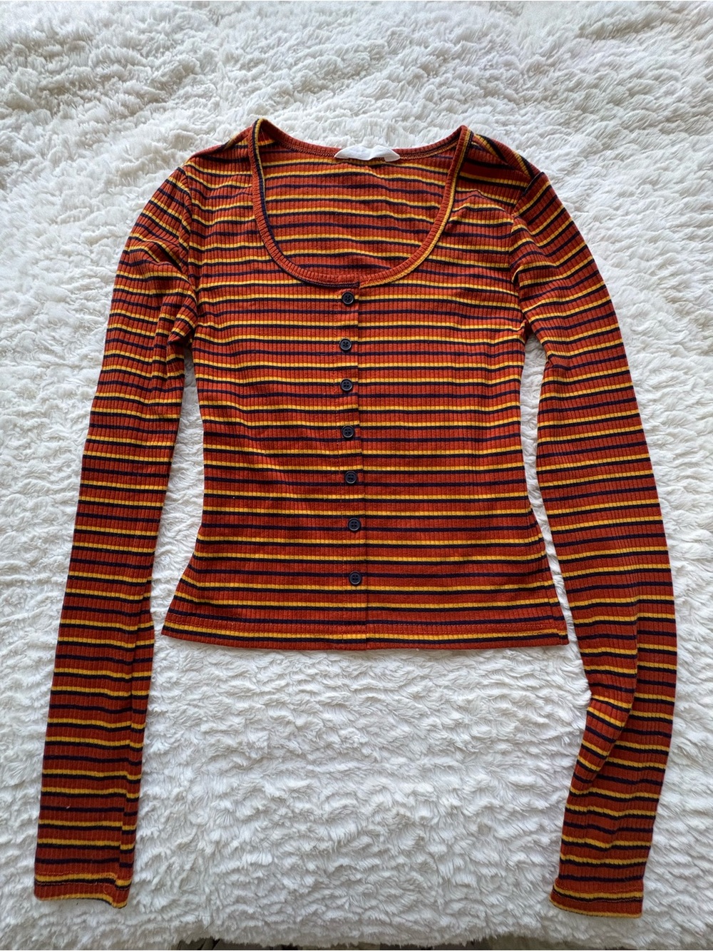 Bluenotes Striped Rib-Knit Button-Front Long Sleeve Top - Red, Yellow, Black